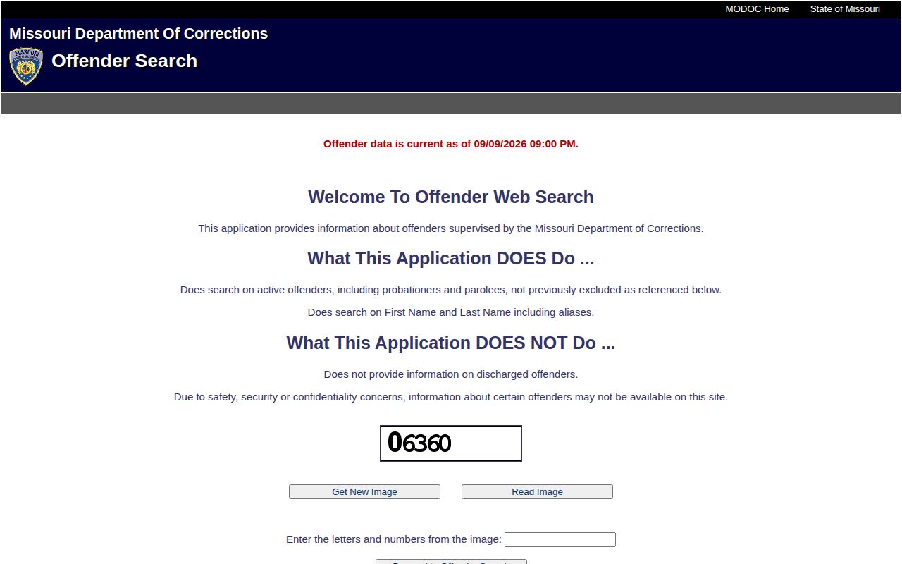 Missouri Department of Corrections offender search screen