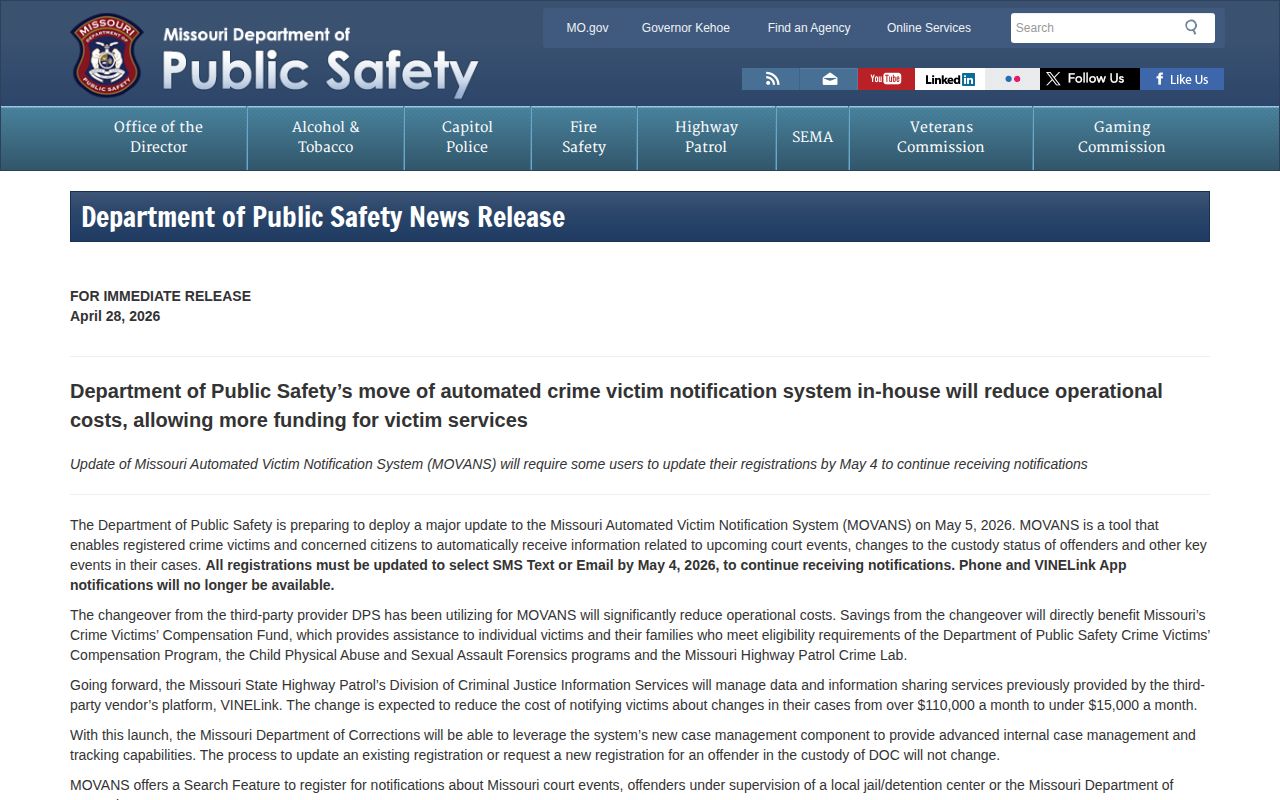 Missouri DPS notice changing Henry County VINELink custody alerts in 2026