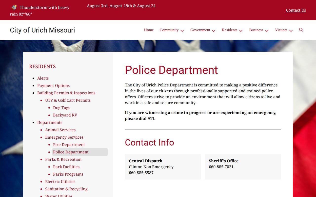 Official Urich Police Department page routing calls to county dispatch