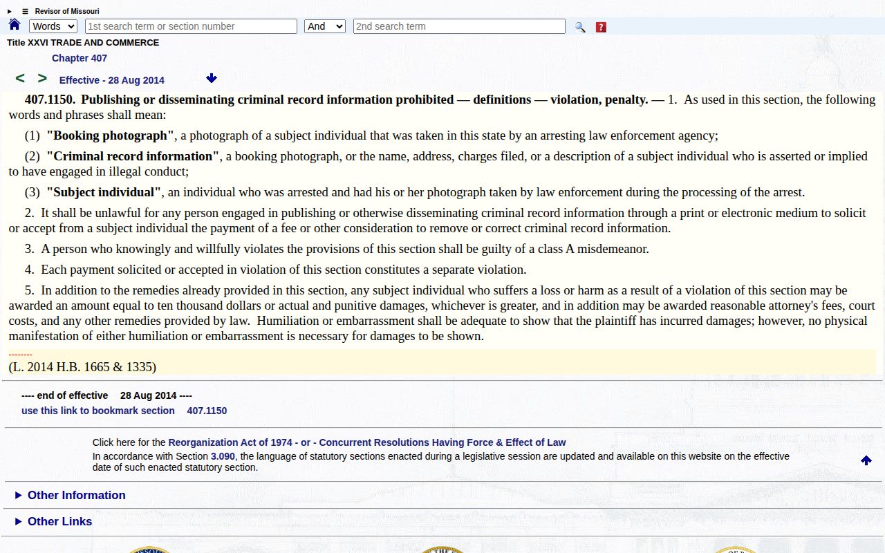 Missouri Revised Statutes section 407.1150 booking photograph law